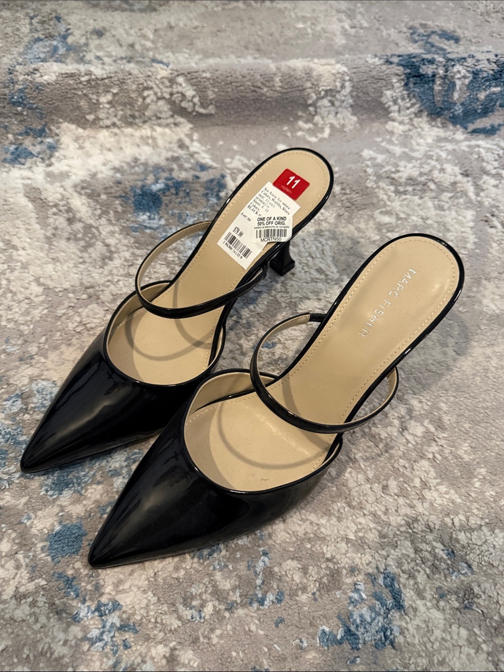 Marc Fisher Black Patent Pointed Toe Strap Mules